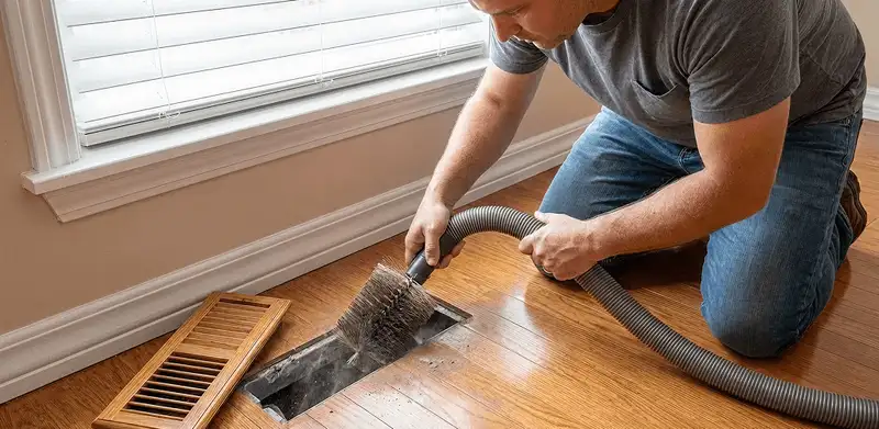 Air duct cleaning technician vacuuming a floor vent and duct opening in Houston, TX