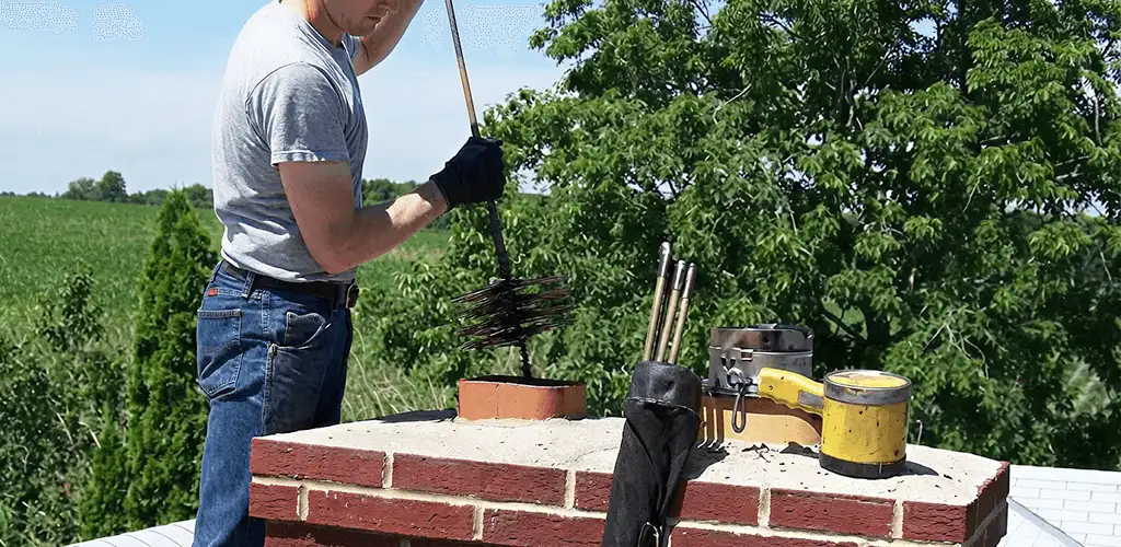 Chimney cleaning technician working on a rooftop chimney with professional tools in Houston, TX