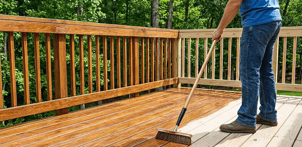 Deck staining and sealing application on a wood deck in Houston, TX