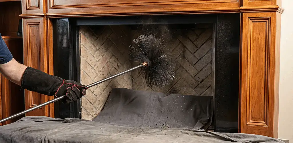 Chimney cleaning service brushing soot from a fireplace and flue in Houston, TX