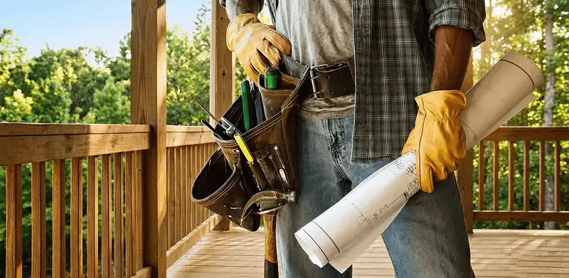 Professional handyman with tool belt ready for home repairs in Houston, TX