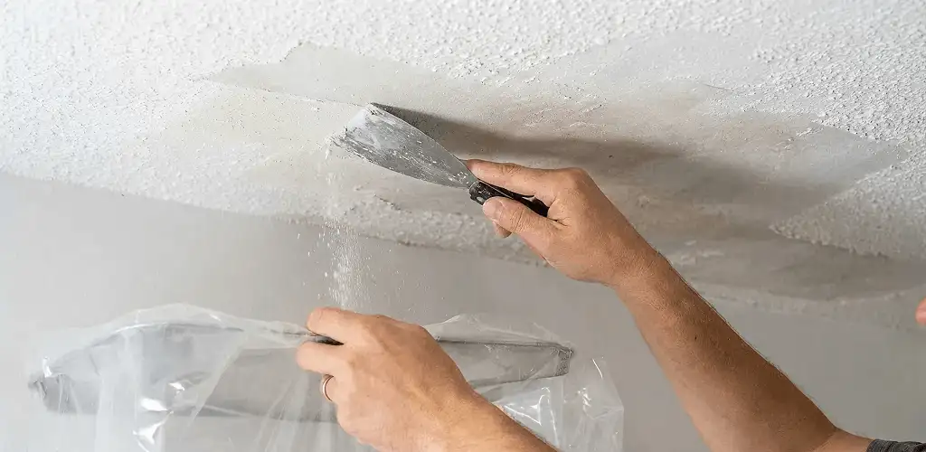 Popcorn ceiling removal technician scraping texture from a ceiling in Houston, TX