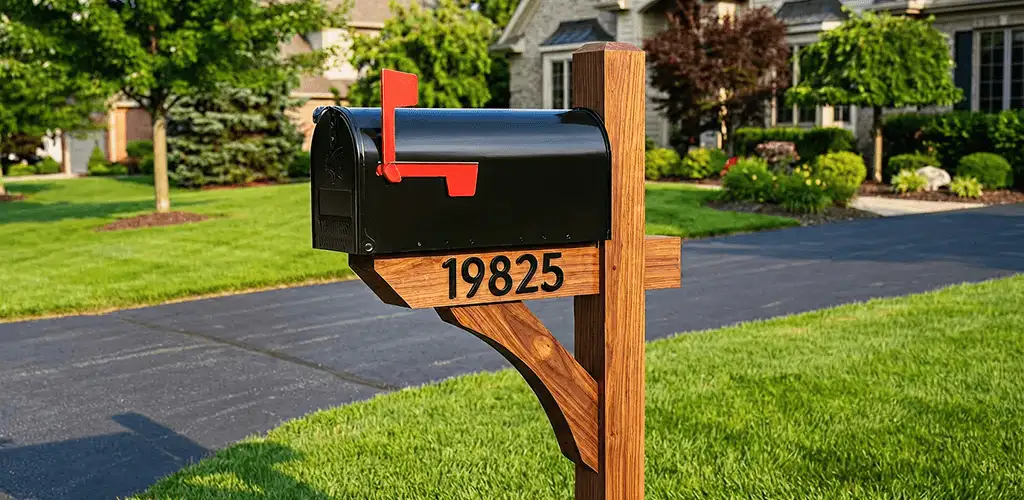 New mailbox installation with post and address number for a home in Houston, TX