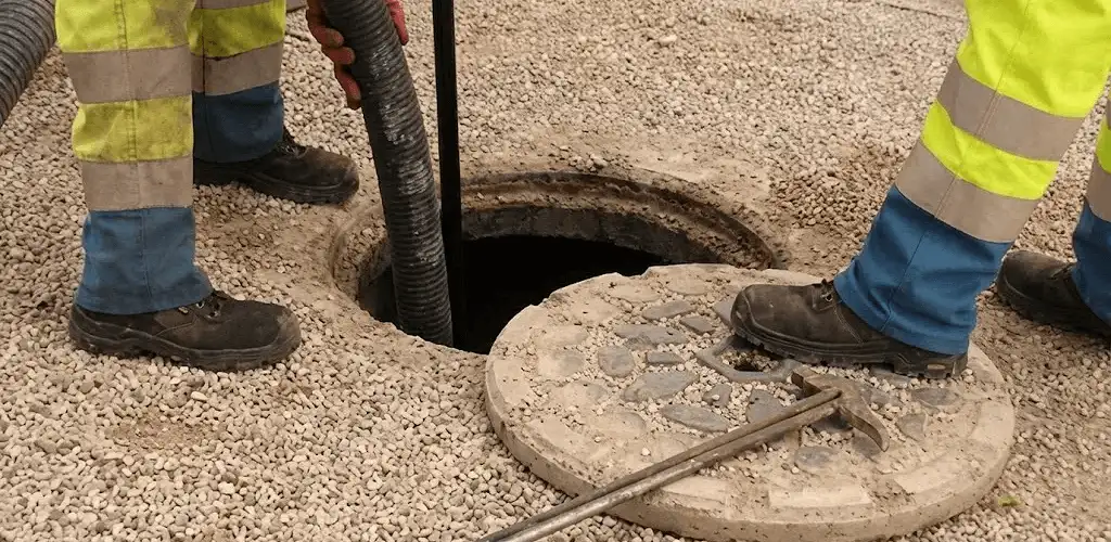 Drain cleaning crew clearing a sewer access point with professional equipment in Houston, TX