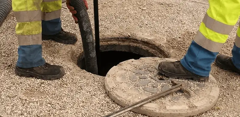 Drain cleaning crew clearing a sewer access point with professional equipment in Houston, TX