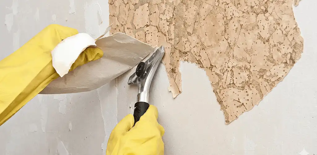 Wallpaper removal service stripping old wallpaper from a wall in Houston, TX