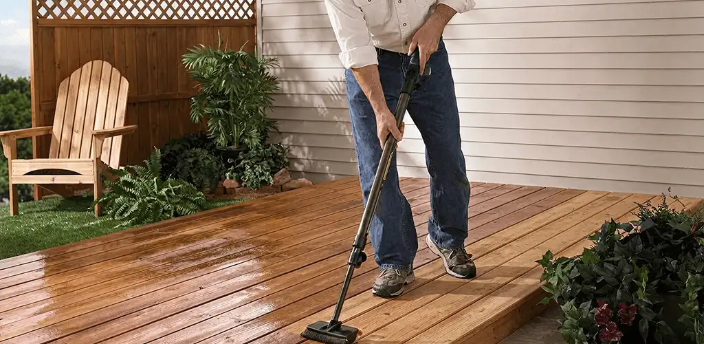Deck staining service applying stain to a backyard wood deck in Houston, TX